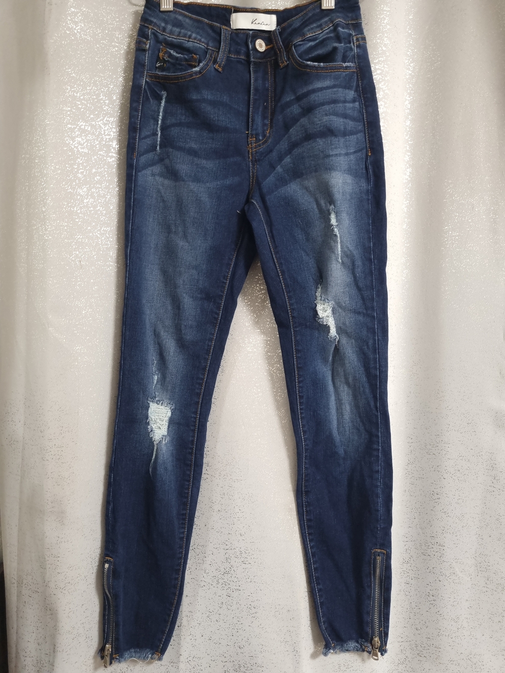 KanCan Distressed Skinny Jeans Raw Hem Ankle Zip Stretch Dark Wash Size 1/24